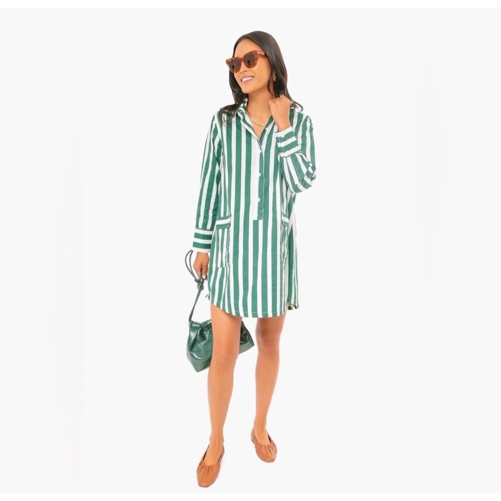 Pomander Place Bradley Green White Stripe Cotton Shirt Dress M Preppy Coastal